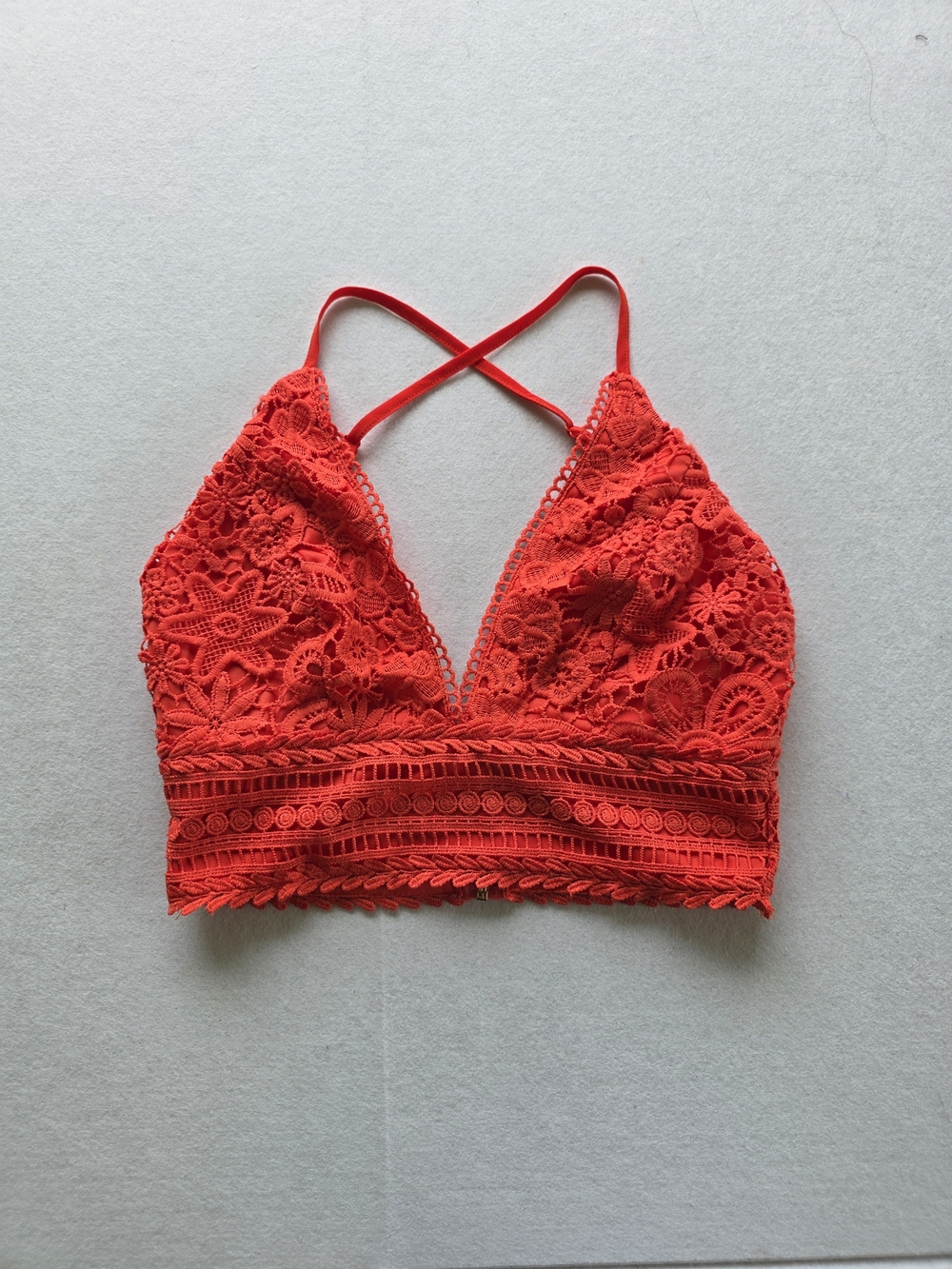 Redish Orange Lace Crochet Crop Top with Cross-Back Straps